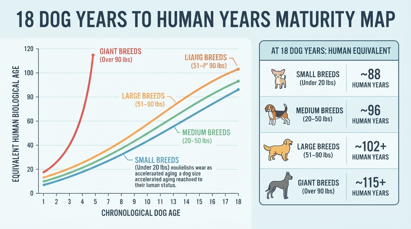 An infographic chart titled '18 Dog Years to Human Years Maturity Map' comparing the aging process of small, medium, large, and giant dog breeds.