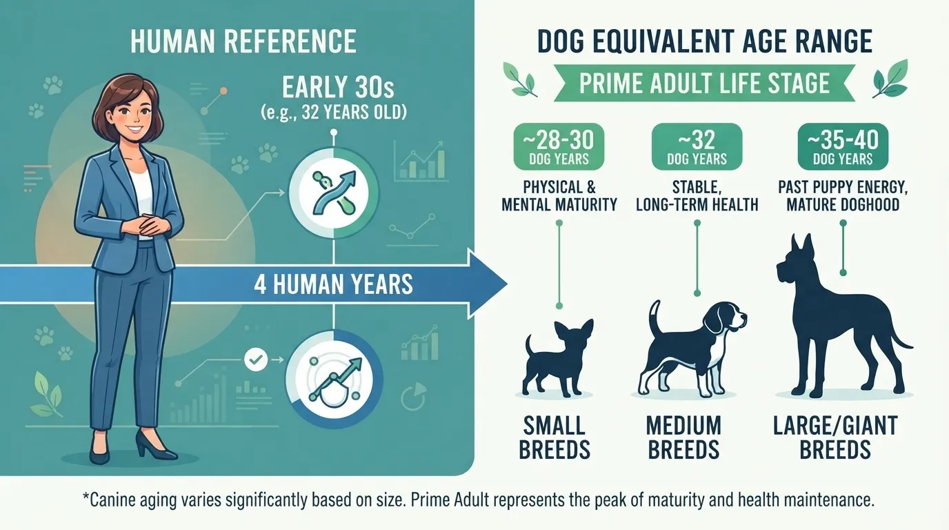 An infographic by Dog Ages Calculator comparing a 32-year-old human's age to equivalent dog ages: small breeds (~28-30 dog years), medium breeds (~32 dog years), and large/giant breeds (~35-40 dog years) representing the prime adult life stage.