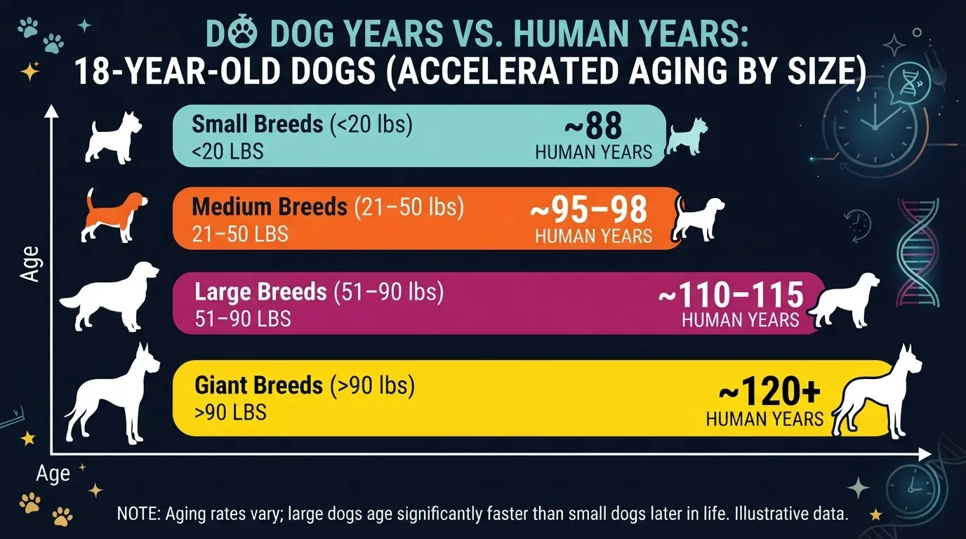 An infographic by Dog Ages Calculator comparing the aging process of 18-year-old dogs in human years by breed size: Small breeds (90 lbs) are ~120+ human years.