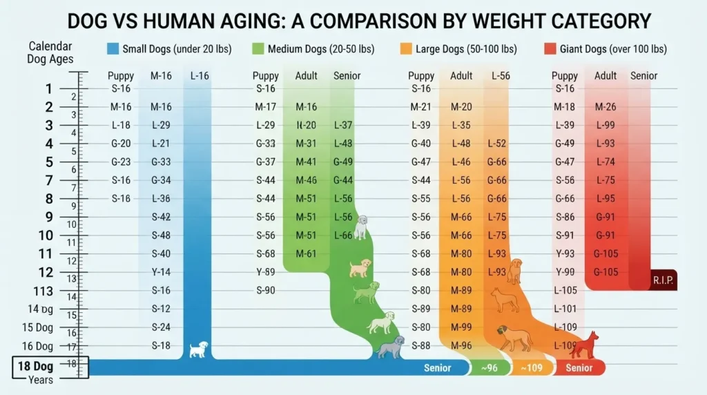 An infographic chart titled 'Dog vs Human Aging: A Comparison by Weight Category' showing human age equivalents for small, medium, large, and giant dogs from ages 1 to 18.