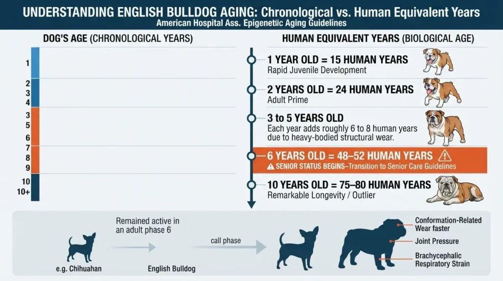 An infographic from Dog Ages Calculator detailing English Bulldog aging, showing chronological dog years mapped to human equivalent biological years with structural wear factors.