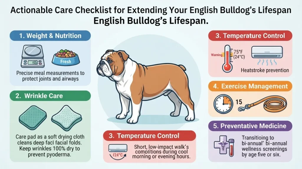 An infographic outlining an actionable care checklist for extending an English Bulldog's lifespan, highlighting weight management, wrinkle care, temperature control, exercise, and preventative medicine by dogagescalculator.
