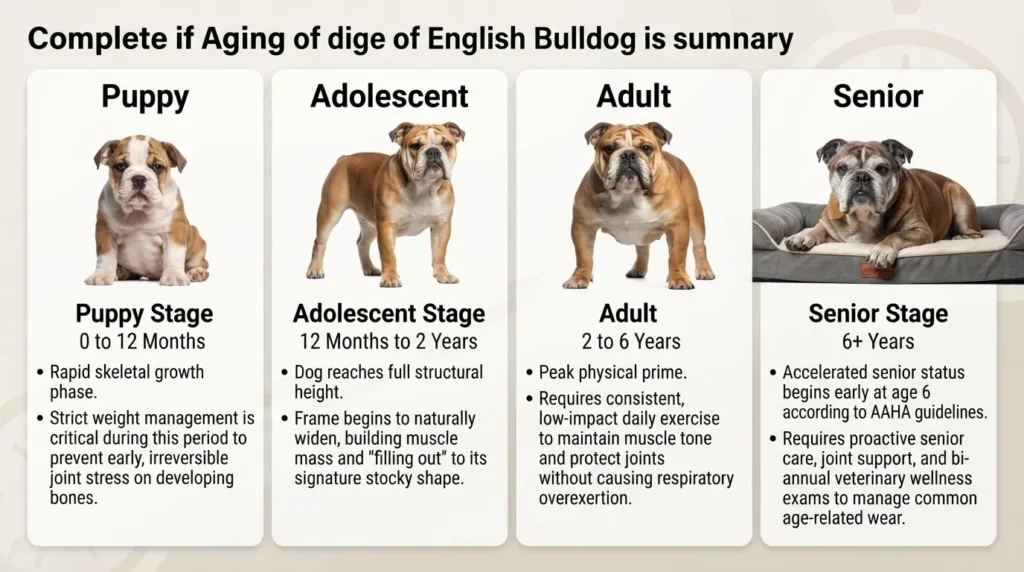 An infographic illustrating the four key aging stages of an English Bulldog: Puppy (0-12 months), Adolescent (12 months to 2 years), Adult (2-6 years), and Senior (6+ years), detailing growth characteristics and health management tips for each phase.