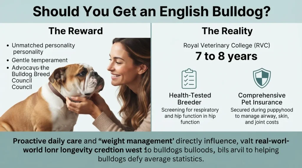 An educational infographic titled 'Should You Get an English Bulldog?' illustrating the rewards of their gentle temperament alongside the realities of their 7 to 8-year average lifespan and health requirements.