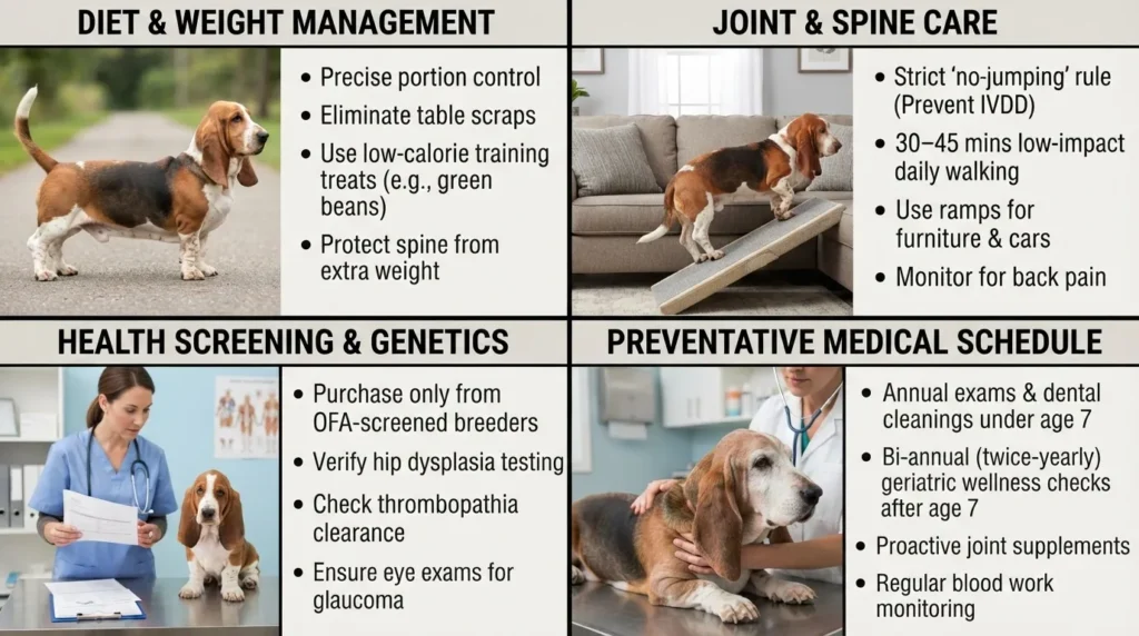 A four-quadrant educational infographic detailing Basset Hound care tips for diet and weight management, joint and spine care, health screening and genetics, and a preventative medical schedule.