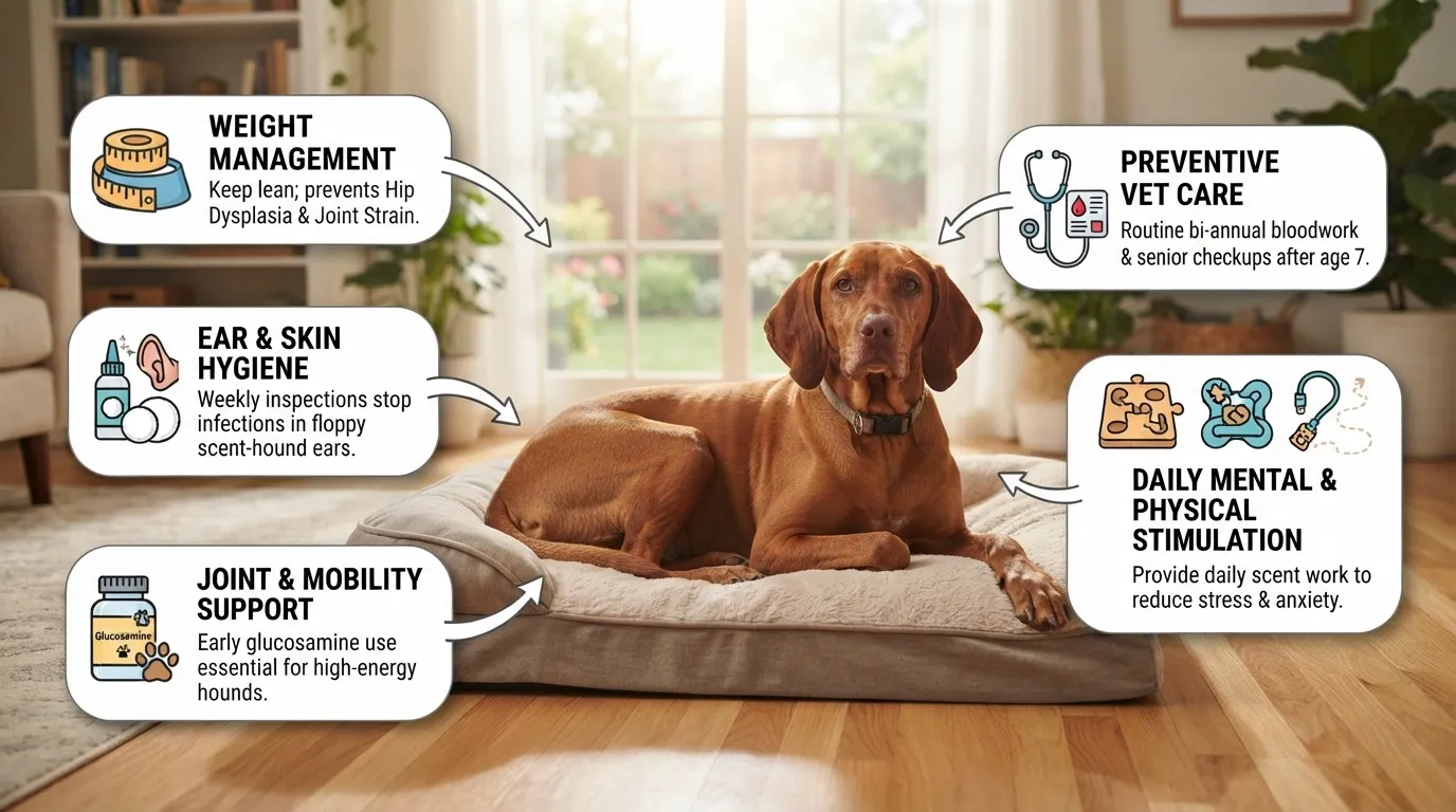 A brown hound dog laying comfortably on a plush grey pet bed, featuring informative graphic overlays detailing weight management, ear and skin hygiene, joint support, preventive vet care, and daily stimulation tips.