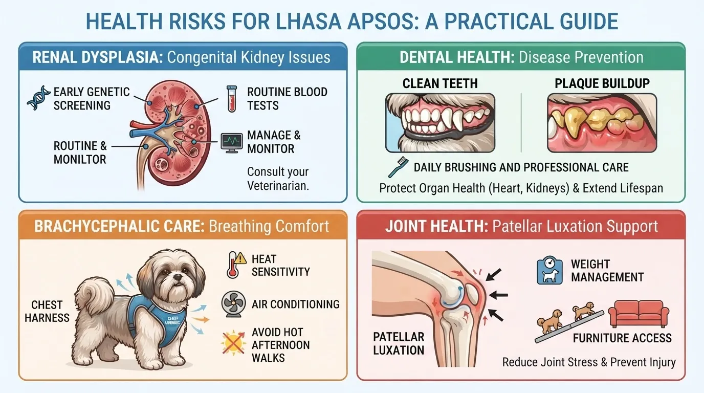 An educational infographic outlining the four key health risks for Lhasa Apsos: renal dysplasia, dental health, brachycephalic care, and joint health, designed by Dog Ages Calculator.