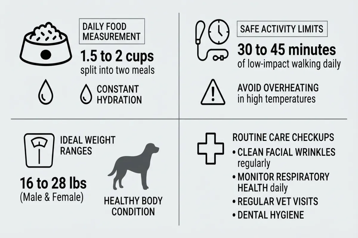 An infographic outlining daily care guidelines for dogs, split into four quadrants: Daily Food Measurement (1.5 to 2 cups), Safe Activity Limits (30 to 45 mins daily, avoiding overheating), Ideal Weight Ranges (16 to 28 lbs), and Routine Care Checkups including cleaning facial wrinkles and monitoring respiratory health.