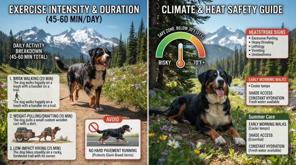 A Greater Swiss Bernese mix hiking outdoors on a cool trail, with a side-by-side visual breakdown showing daily activity needs, heat sensitivity warnings, and recommended low-impact exercises.
