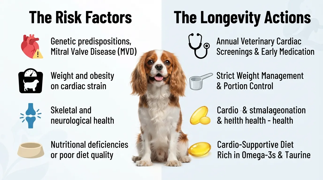 A comprehensive infographic chart detailing the key genetic, lifestyle, and medical factors affecting a Cavalier King Charles Spaniel's lifespan, paired with actionable veterinary care and preventive health tips to improve their longevity.