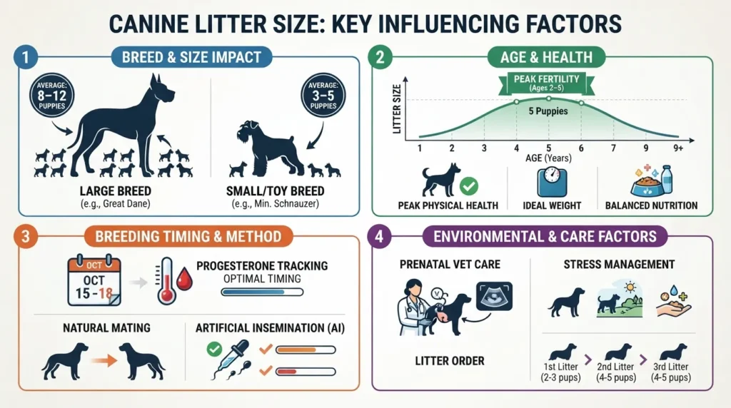 Comprehensive chart showing key factors that influence a dog's litter size including breed size, maternal age, health, nutrition, and breeding timing.