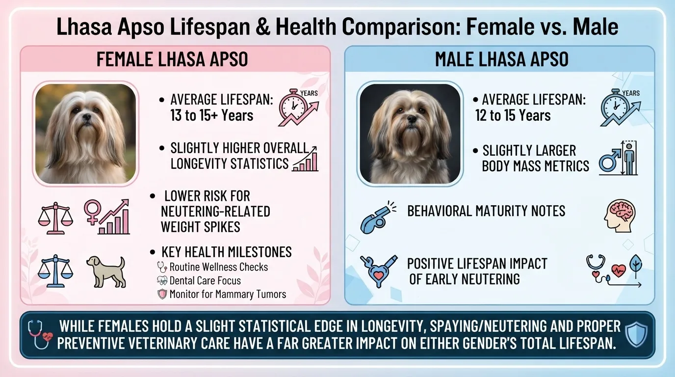 An infographic comparison of Lhasa Apso lifespan and health between females and males, showcasing lifespan statistics, health milestones, and the importance of preventive veterinary care.