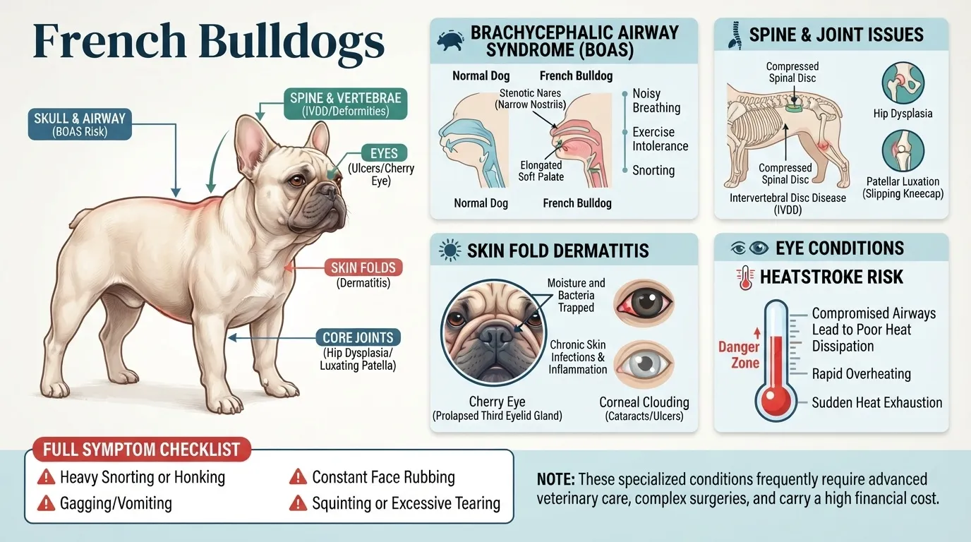 Detailed infographic outlining French Bulldog health issues including BOAS, IVDD, skin fold dermatitis, eye conditions, and heatstroke risk.