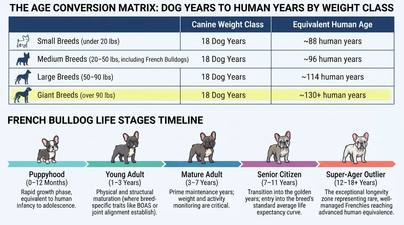 An infographic showing the dog-to-human age conversion matrix by weight class and a detailed French Bulldog life stages timeline from puppyhood to super-ager.