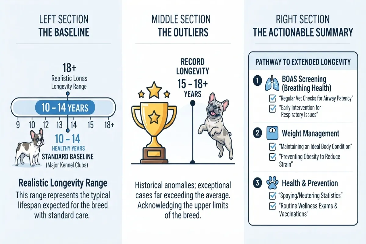 An educational infographic showing the lifespan baseline, outlier records, and actionable health pathways for French Bulldogs, created by Dog Ages Calculator.