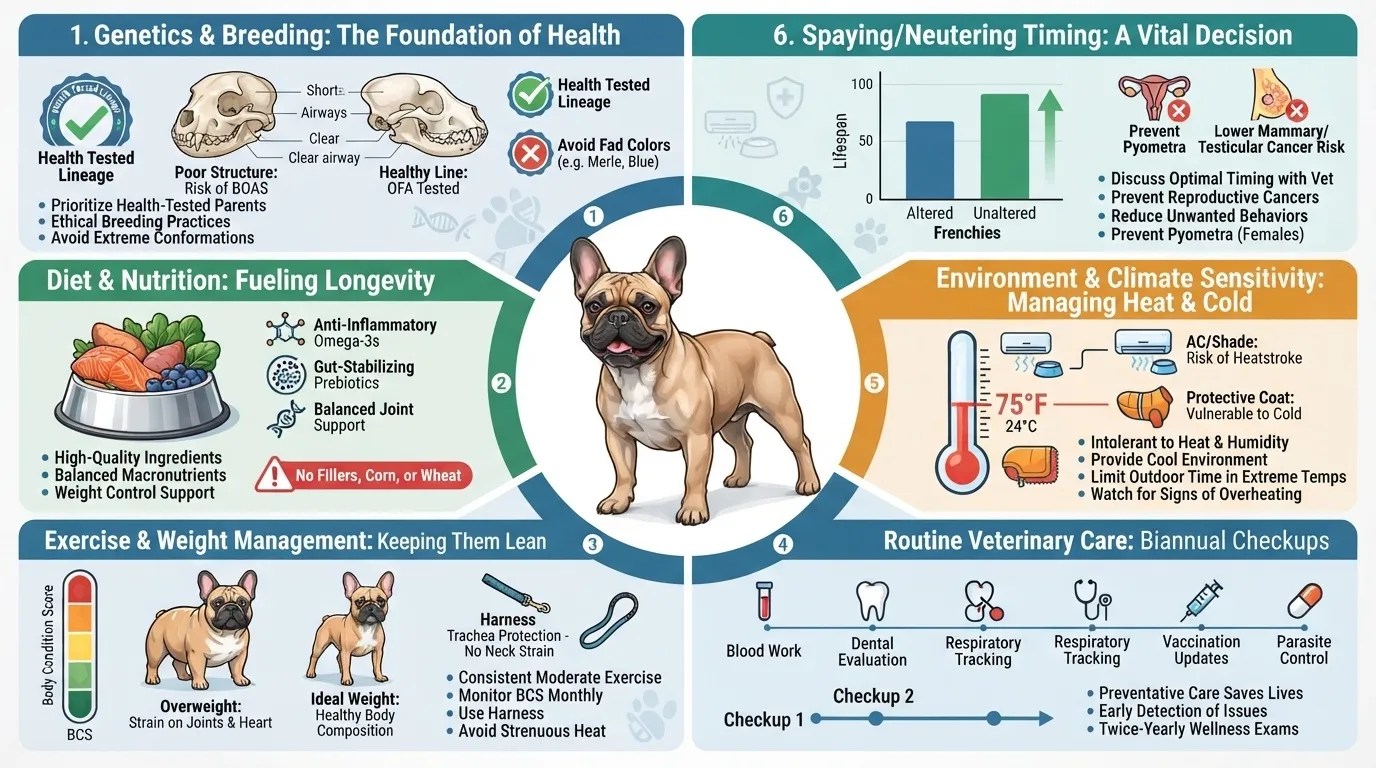 Detailed infographic illustrating the 6 pillars of French Bulldog longevity, including genetics, nutrition, weight management, vet care, climate sensitivity, and spaying/neutering guidelines.