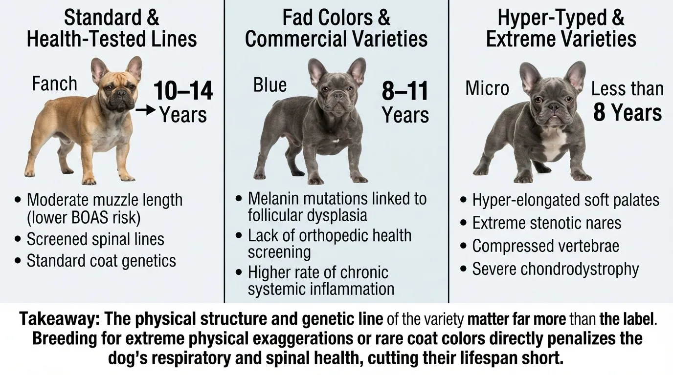 An educational infographic by Dog Ages Calculator comparing three types of French Bulldogs: Standard & Health-Tested Lines living 10-14 years, Fad Colors & Commercial Varieties living 8-11 years, and Hyper-Typed & Extreme Varieties living less than 8 years, detailing the associated genetic and structural risks.