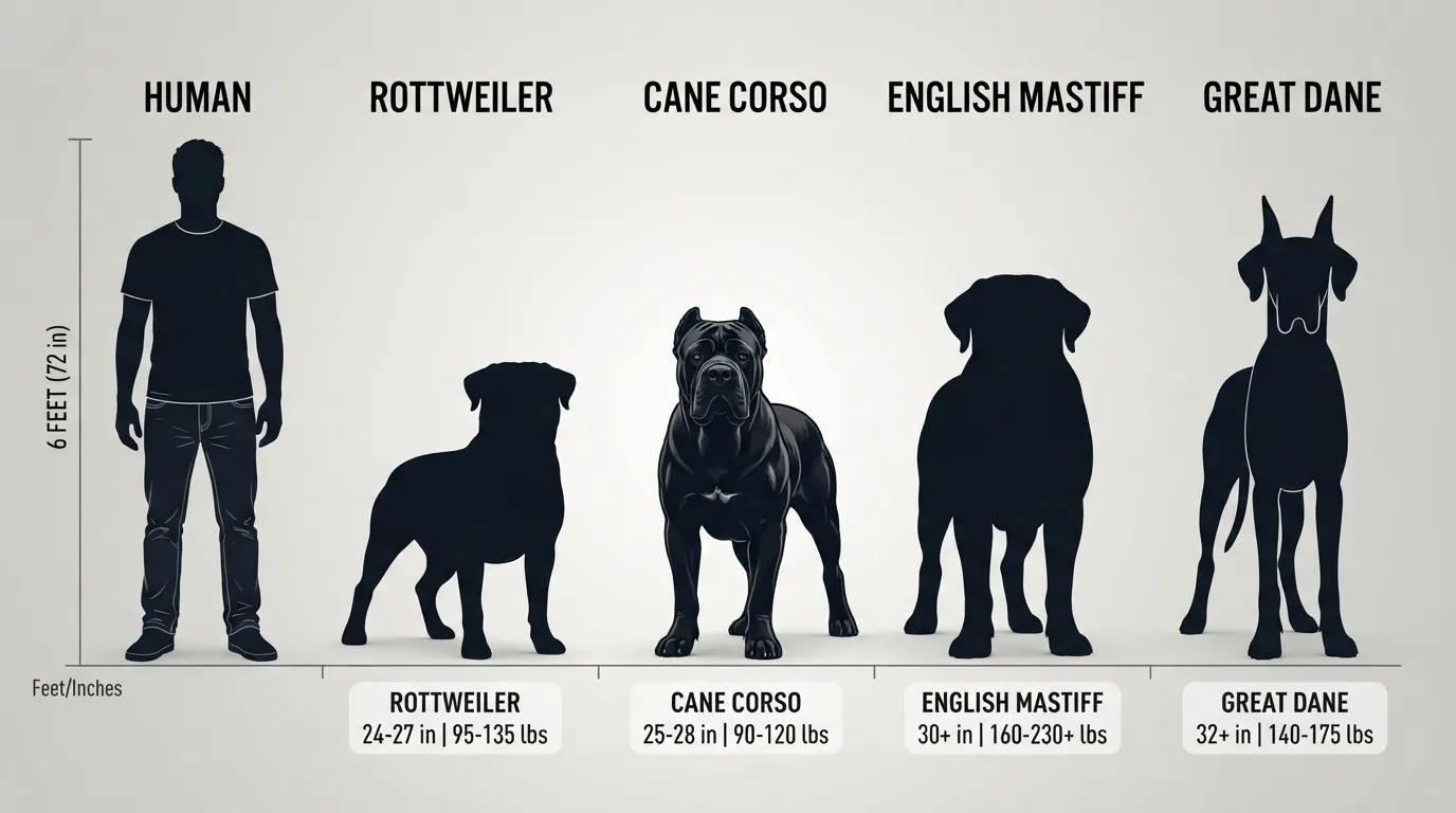 A side-by-side silhouette size comparison chart showing a full-grown Cane Corso's height and weight next to an average adult human, a Rottweiler, an English Mastiff, and a Great Dane.