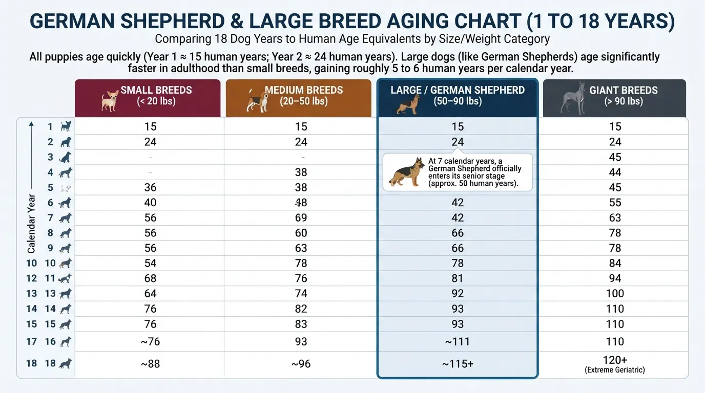Comparison chart showing German Shepherd age in human years alongside small, medium, large, and giant breed weight categories.