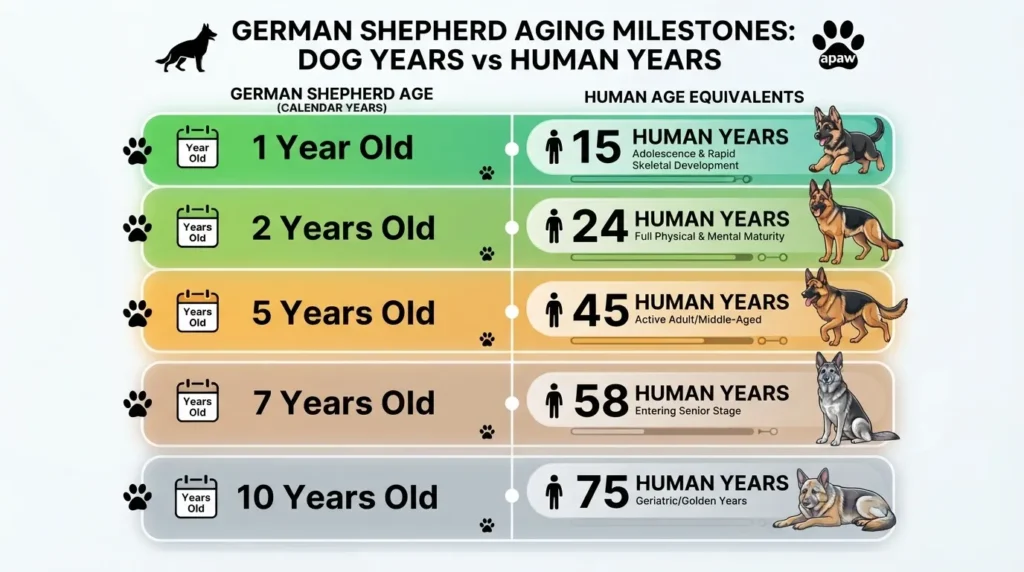 An infographic titled 'German Shepherd Aging Milestones: Dog Years vs Human Years' detailing the age comparison from 1 calendar year (15 human years) up to 10 calendar years (75 human years) with illustrations of German Shepherds at different life stages.