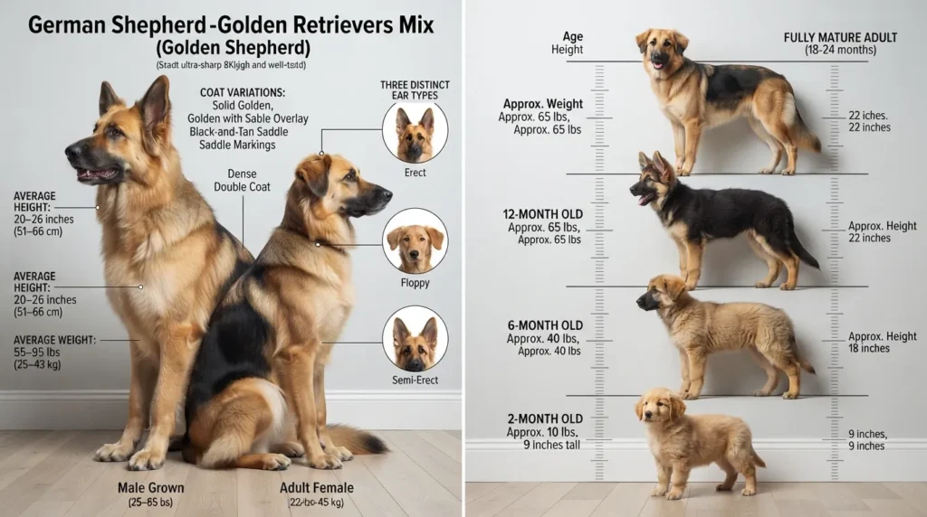 Full-grown male and female German Shepherd Golden Retriever mix standing side by side with a puppy growth size comparison chart.