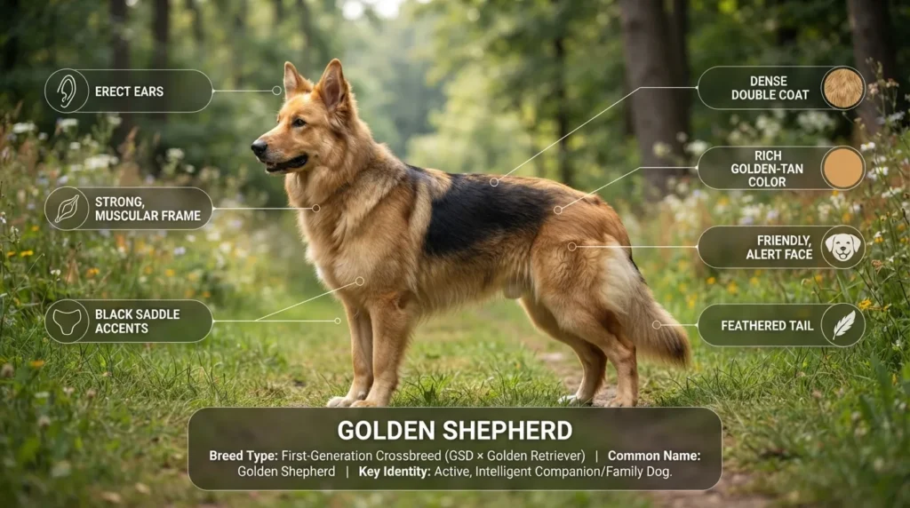 A fully grown Golden Shepherd standing alongside its parent breeds, a German Shepherd and a Golden Retriever, showing their combined physical traits.
