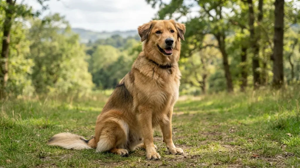 Full-grown German Shepherd Golden Retriever mix sitting outdoors, showing golden coat, erect ears, and athletic physique.