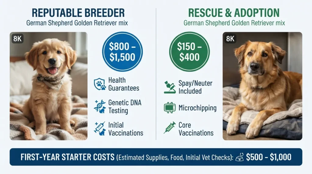 Comparison chart showing puppy price ranges from reputable breeders versus shelter adoption costs for a German Shepherd Golden Retriever mix dog.