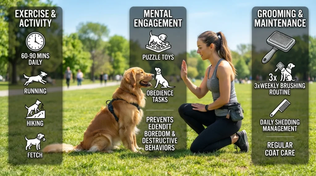 A adult German Shepherd Golden Retriever mix on a leash performing a stay command during an outdoor training session, with an infographic overlay showing daily exercise, grooming, and mental stimulation needs.