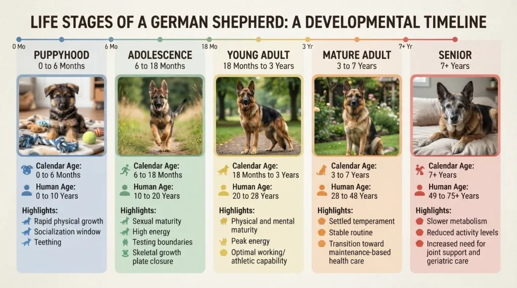 An educational infographic detailing the five life stages of a German Shepherd from Puppyhood to Senior, highlighting calendar age, human age equivalent, and developmental highlights for each stage.