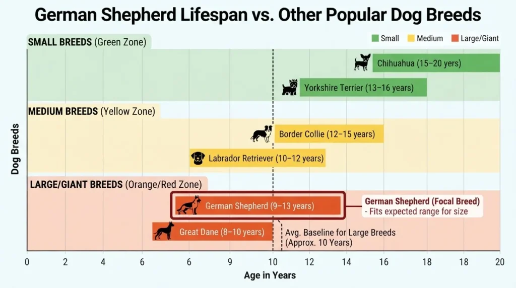 An infographic chart comparing German Shepherd lifespan (9 to 13 years) against small, medium, and large dog breeds like Chihuahua, Yorkshire Terrier, Border Collie, Labrador Retriever, and Great Dane, categorized by size zones.