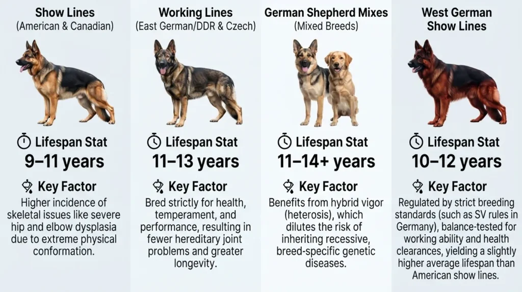 An infographic by dogagescalculator comparing German Shepherd lifespans across Show Lines (9-11 years), Working Lines (11-13 years), Mixes (11-14+ years), and West German Show Lines (10-12 years).