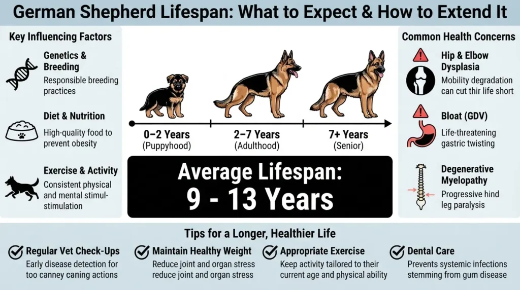 An informative infographic titled 'German Shepherd Lifespan: What to Expect & How to Extend It' illustrating stages of life, key influencing factors, common health concerns, and an average lifespan of 9 to 13 years.