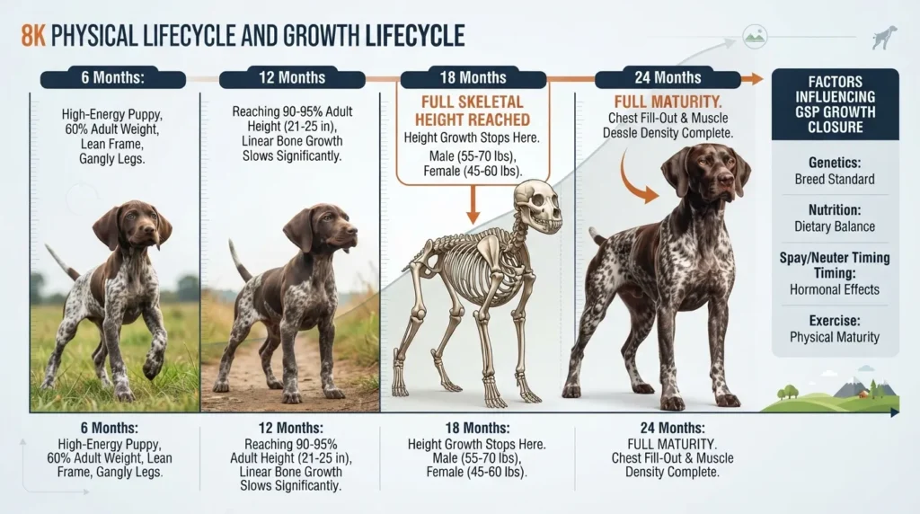Growth timeline chart showing a German Shorthaired Pointer from puppyhood to adult size, detailing when physical growth stops at 1.5 to 2 years and when chest fill-out completes.