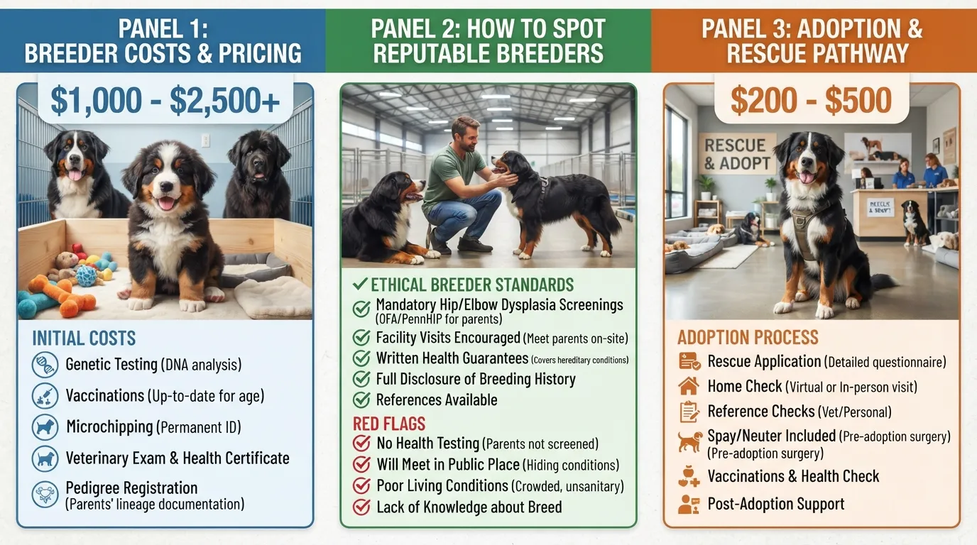 A comparison graphic breakdown showing Bernefie puppy breeder costs, adoption fee ranges, and reputable breeder health checks.