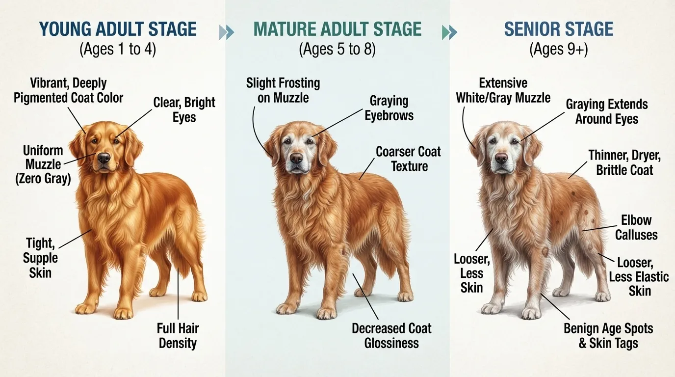 An educational infographic showcasing the three main physical life stages of a Golden Retriever: Young Adult (Ages 1 to 4), Mature Adult (Ages 5 to 8), and Senior Stage (Ages 9+), detailing visual changes in their coat, muzzle, eyes, and skin.