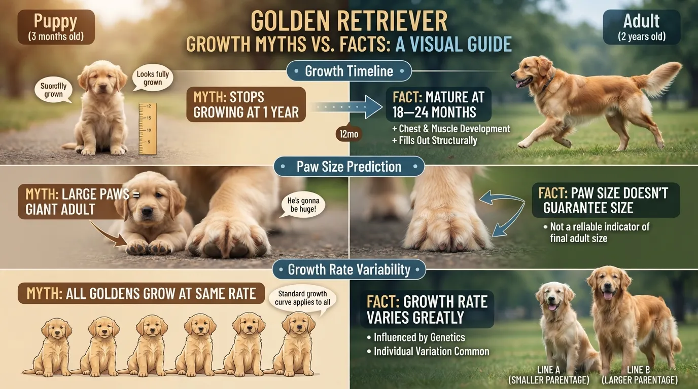 An infographic comparing common myths about Golden Retriever growth to factual development timelines, featuring a puppy and an adult dog with text callouts explaining maturity ages and paw sizes.