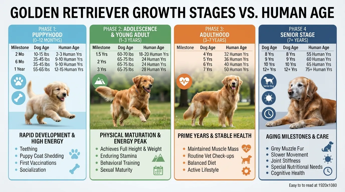 Detailed comparison chart mapping Golden Retriever growth stages from puppyhood to senior years alongside equivalent human age milestones.