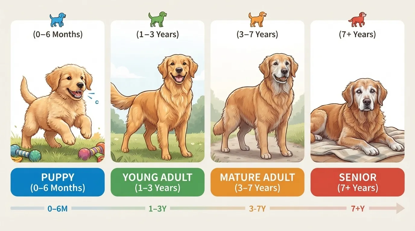 An infographic illustration showing four stages of a Golden Retriever's life: Puppy (0-6 months), Young Adult (1-3 years), Mature Adult (3-7 years), and Senior (7+ years), each depicted with distinct physical characteristics matching their age stage.