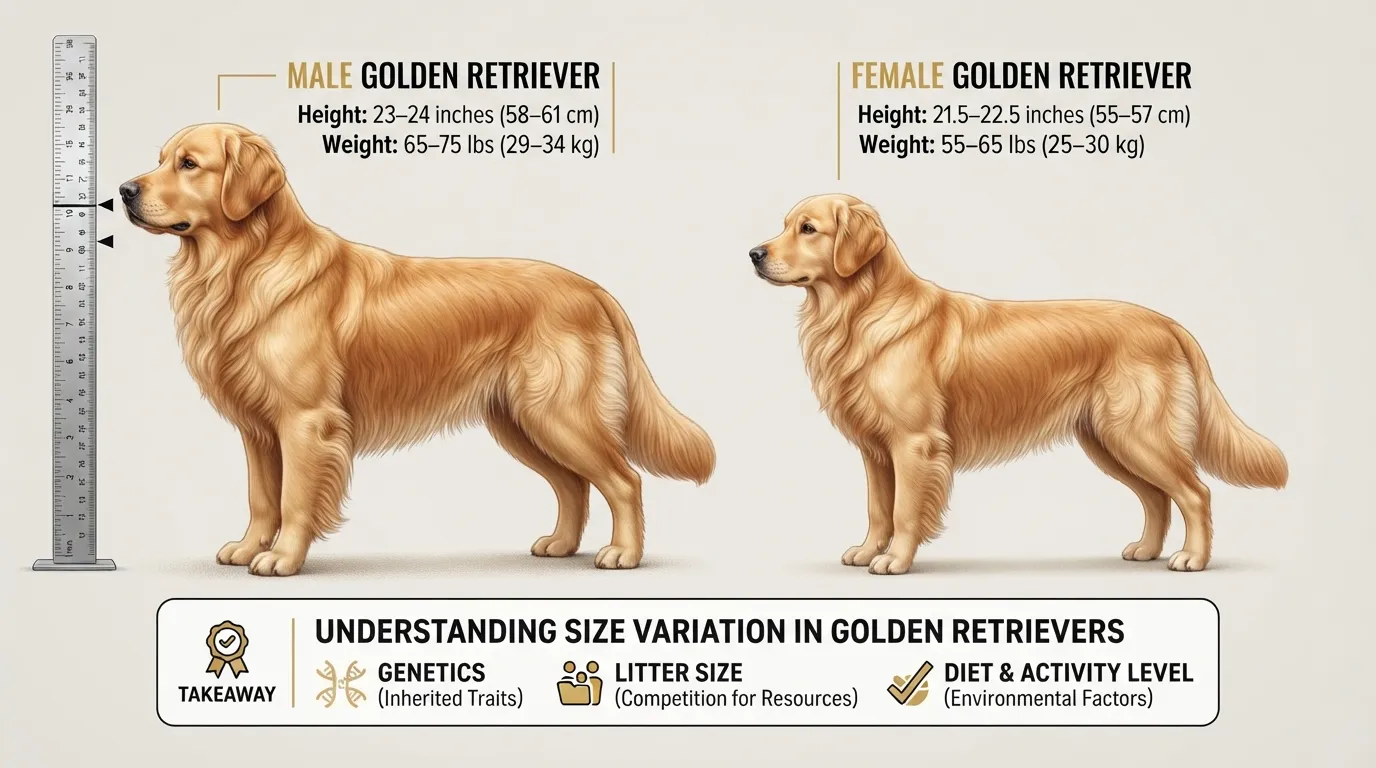 Infographic chart illustrating Golden Retriever size variations, displaying average height and weight ranges for adult male and female Golden Retrievers side by side.