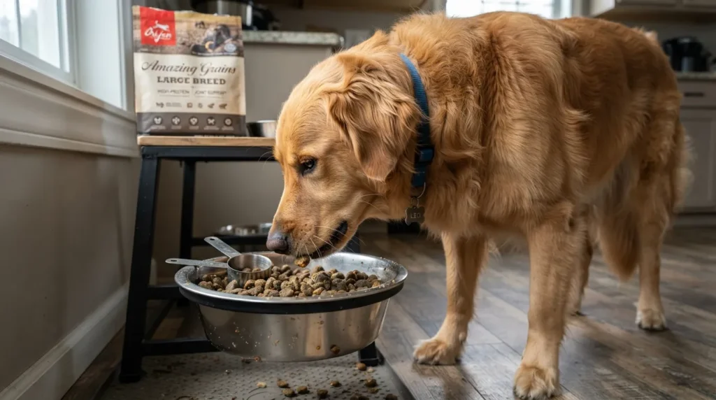 A healthy adult Golden Shepherd eating balanced large-breed kibble to support joint health and proper nutrition.