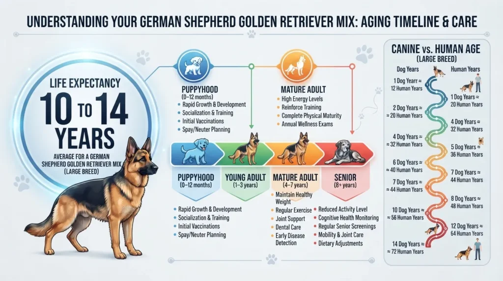 Infographic chart showing the 10 to 14 year average lifespan of a Golden Shepherd dog, including life stage transitions from energetic puppy to senior care.