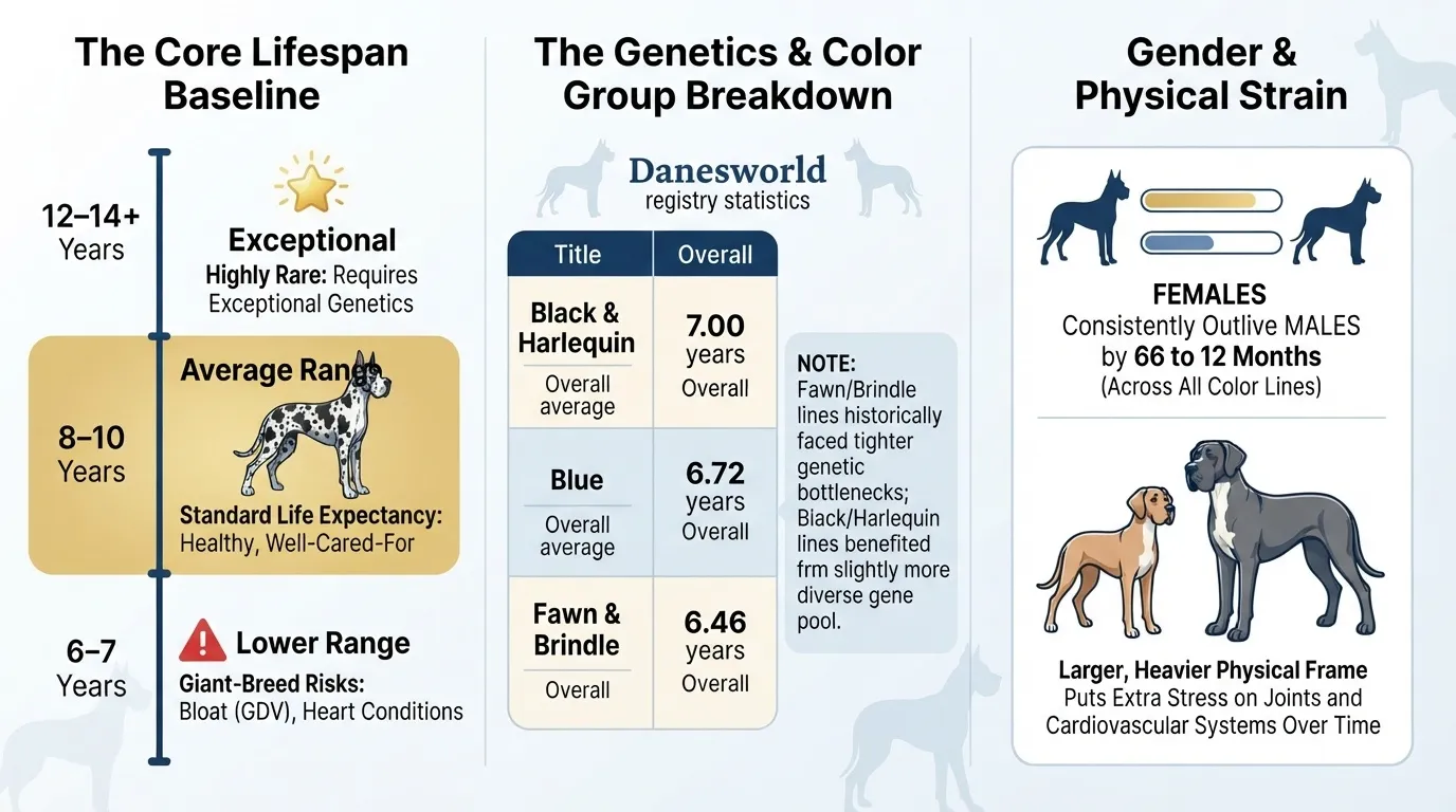 An informative infographic detailing the core lifespan baseline of Great Danes, genetics and color group breakdowns, and physical strain factors between genders.