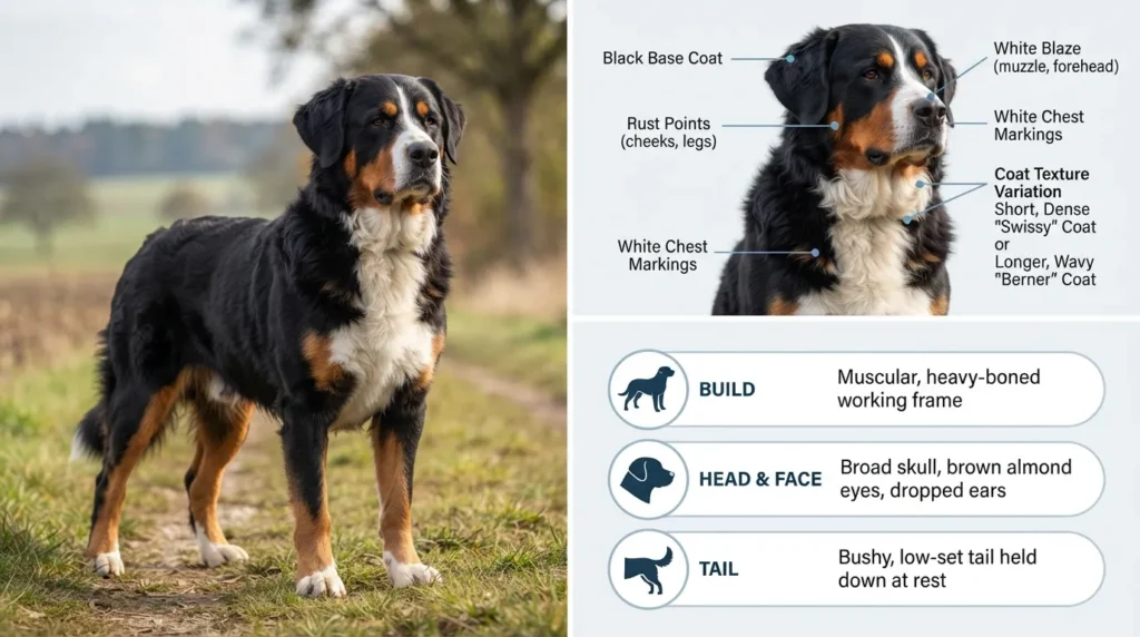 Infographic illustrating the physical traits of a Greater Swiss Mountain Dog and Bernese Mountain Dog mix, showing coat length, color patterns, build, and facial features.