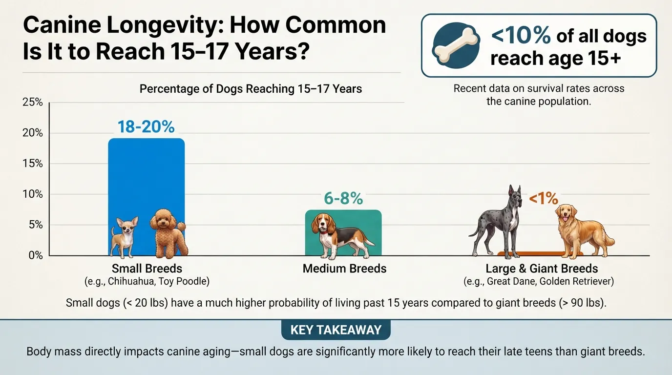 A bar chart displaying canine survival rates by size, showing that fewer than 10 percent of dogs live past 15 to 17 years, with small dogs having the highest likelihood.