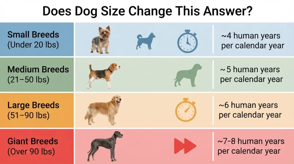 A chart titled 'Does Dog Size Change This Answer?' detailing how dog age converts to human years based on size: Small Breeds (~4 human years per year), Medium Breeds (~5 human years), Large Breeds (~6 human years), and Giant Breeds (~7-8 human years).