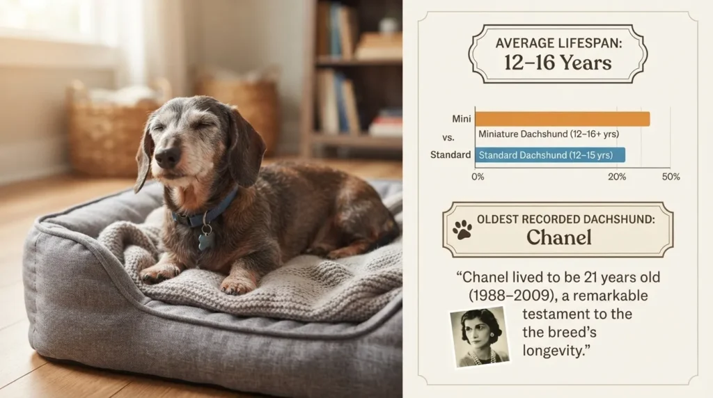 A senior dachshund resting peacefully on a grey orthopedic pet bed next to an informational graphic detailing miniature versus standard dachshund lifespans and the record-holding dachshund, Chanel.