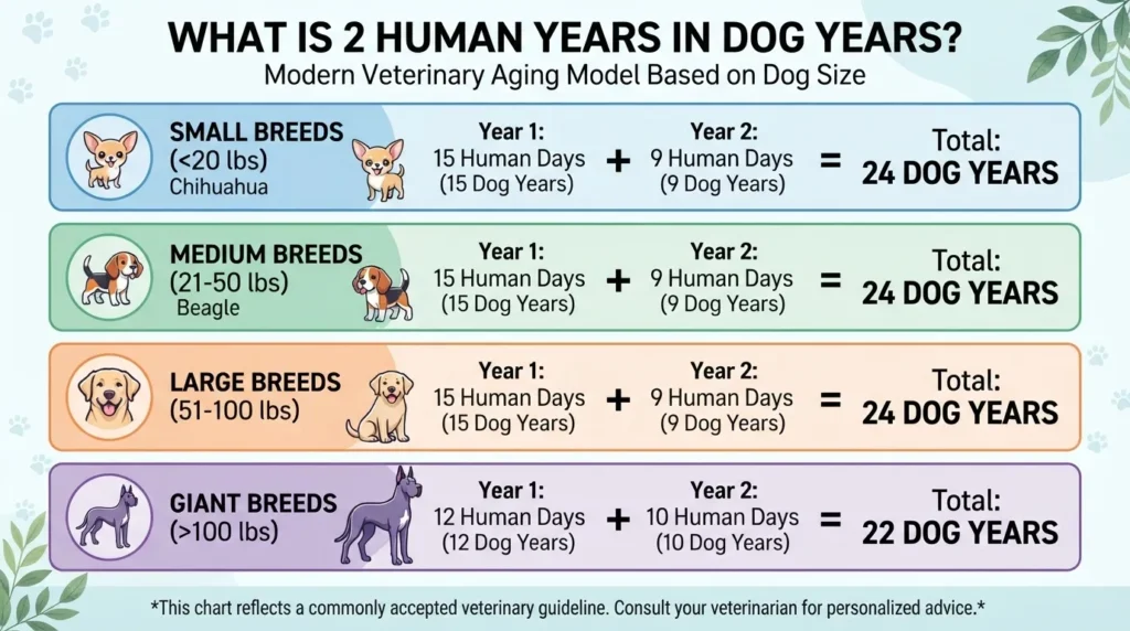 A modern veterinary aging infographic illustrating how two human years convert to dog years based on size: Small, Medium, Large, and Giant breeds, explaining the breakdown of Year 1 and Year 2.