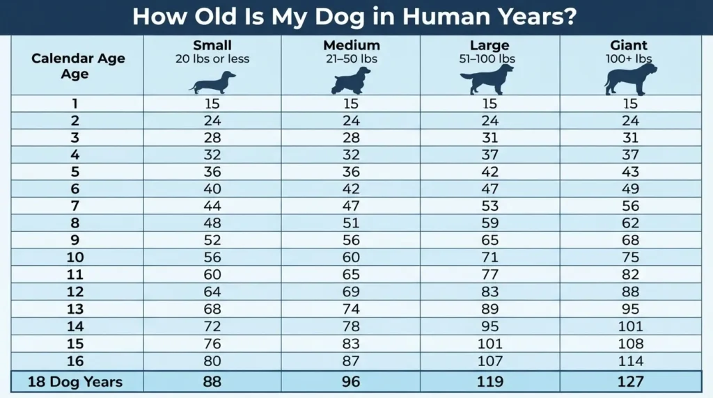 A comprehensive dog age conversion chart titled 'How Old Is My Dog in Human Years?' detailing equivalent human ages for Small, Medium, Large, and Giant dogs from calendar age 1 to 18.