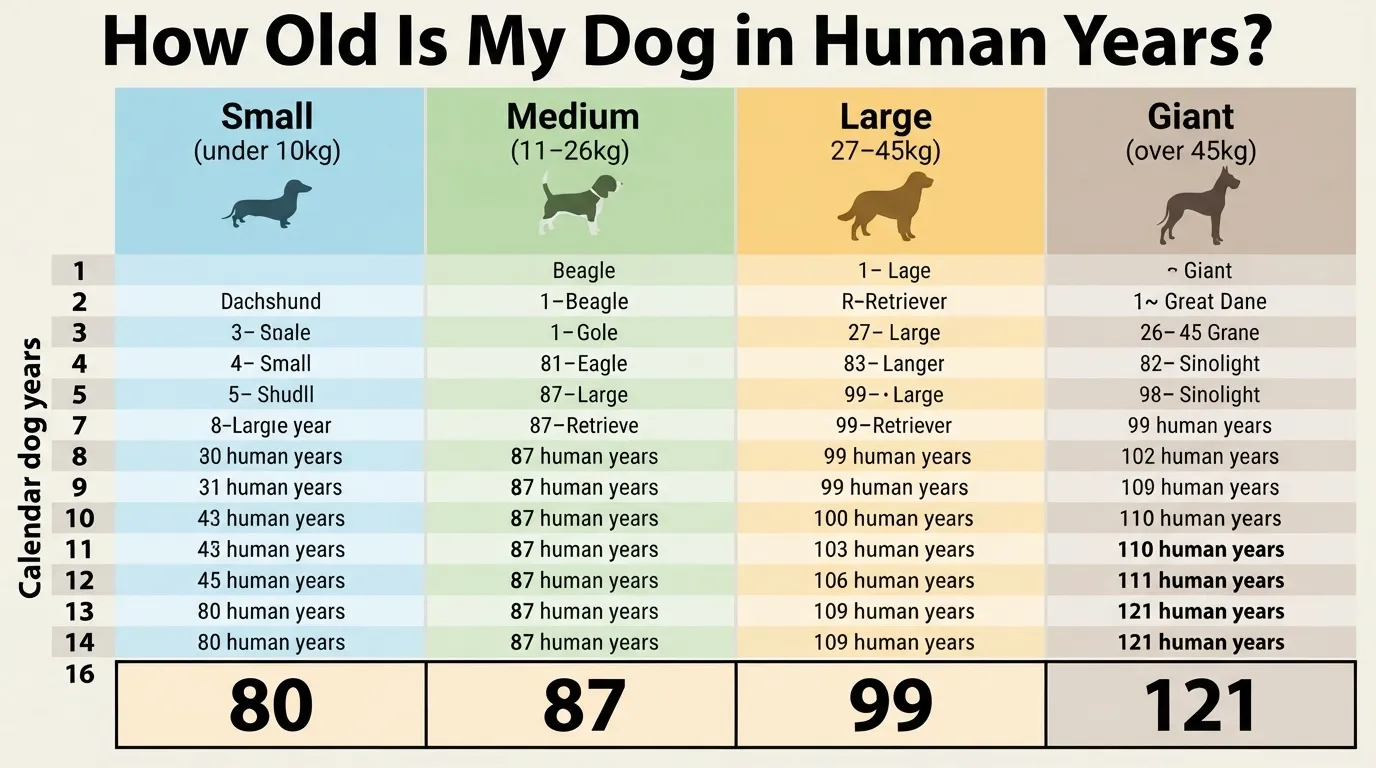 An informative dog age chart comparing calendar dog years to human years across small, medium, large, and giant breed sizes.